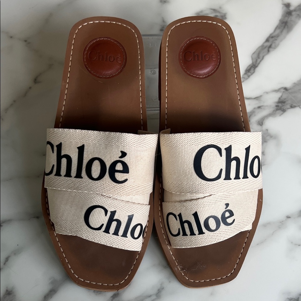 Chloé Women's Woody Logo Slide Sandals - size 8 US / 38 EU in White